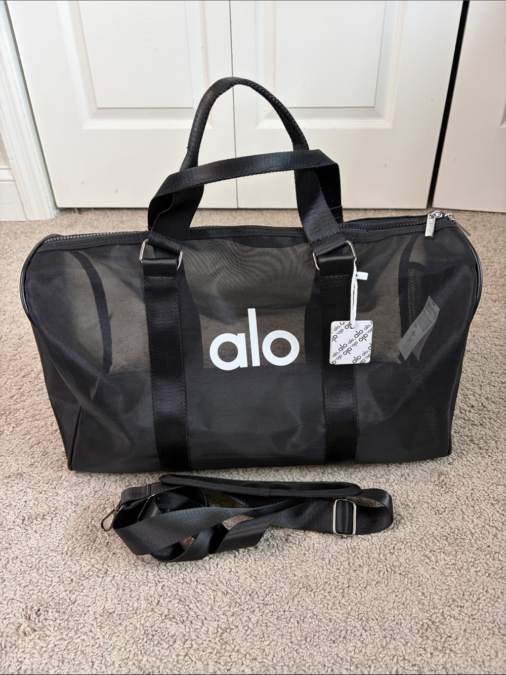 ALO Yoga Black Mesh Duffel Gym Bag Tote White Logo Removable Strap Weekender NWT